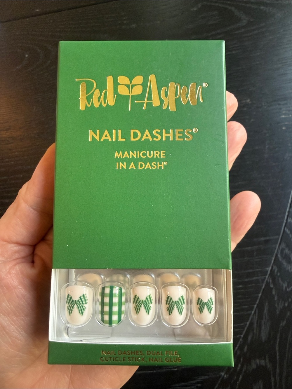 Red Aspen Green Nail Dashes Press-On Set in color: Ribbons and Bows, Rosalie